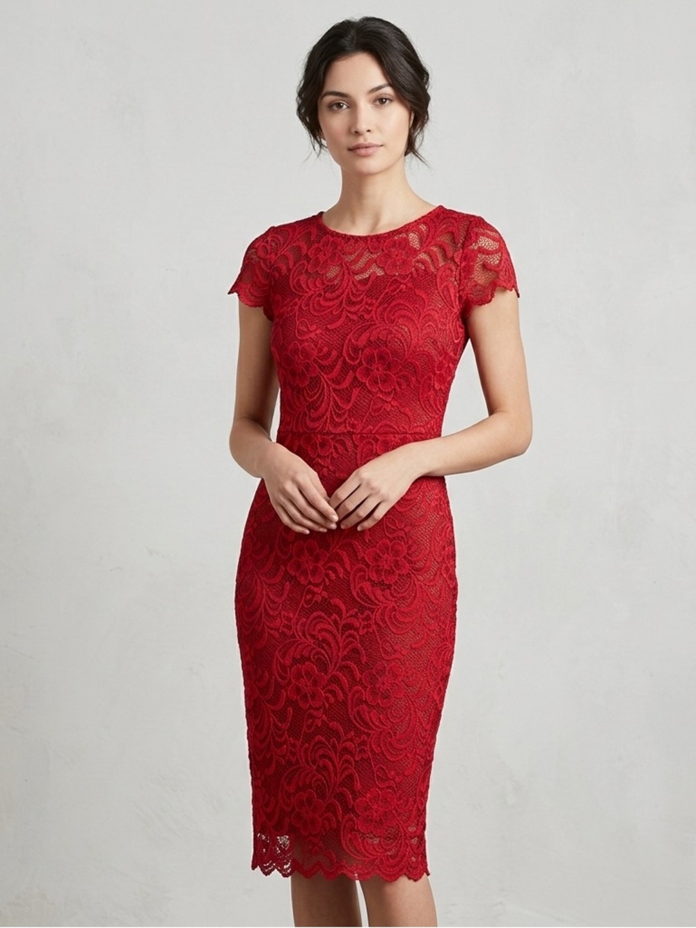 Ambiance Red Floral Lace Midi Dress Cap Sleeve Sheath Size Small Romantic